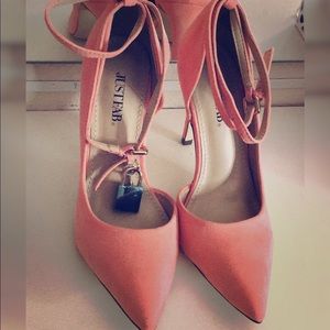 4”in Pink suede ankle strap Heels.